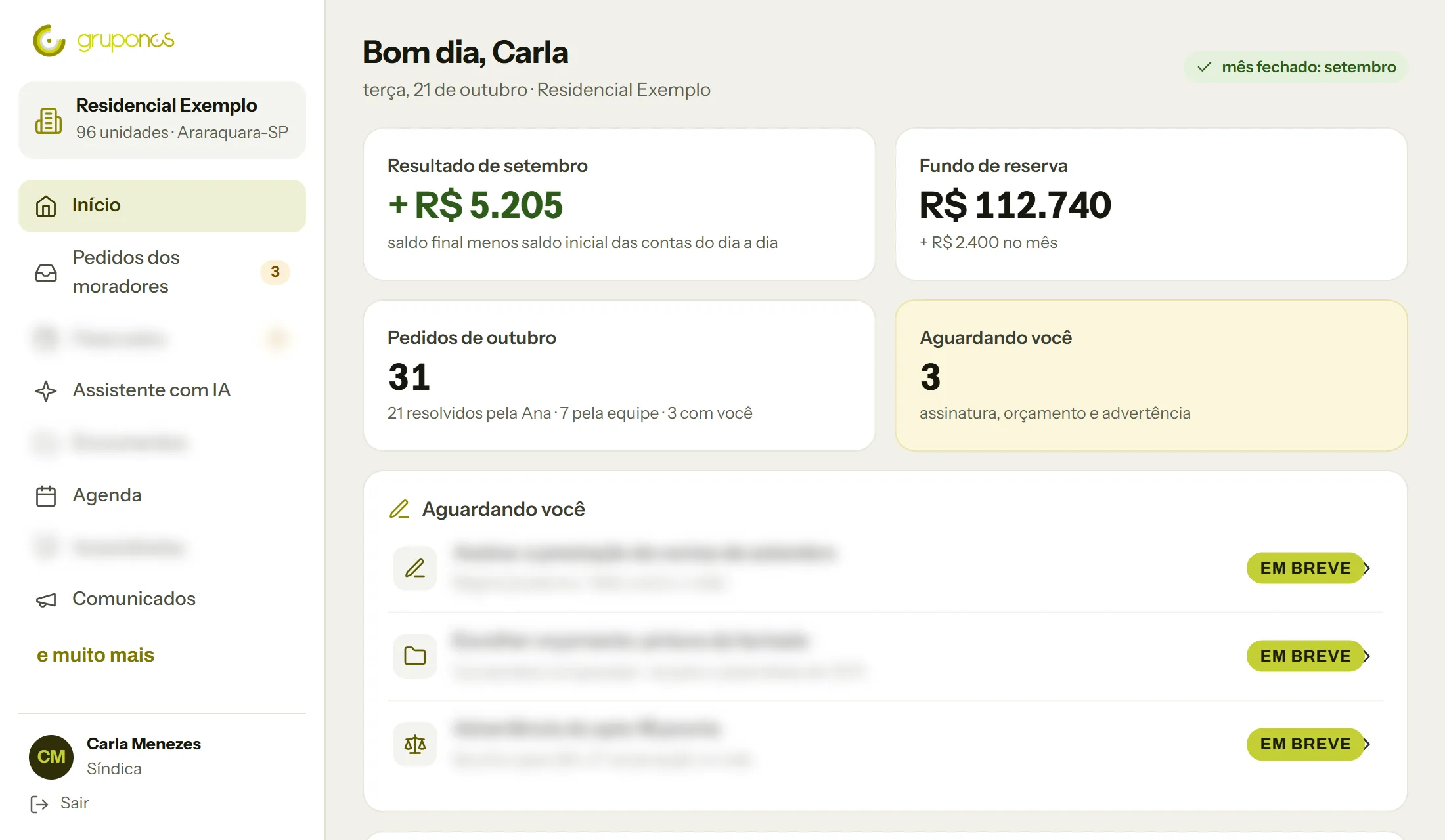 Prévia do painel do síndico, com dados de exemplo